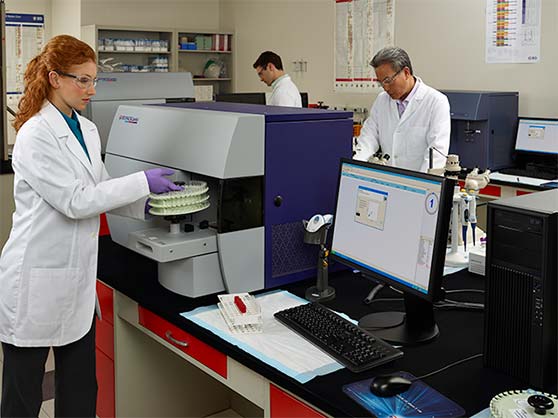Scientist using BD FACSCanto™ in a lab.