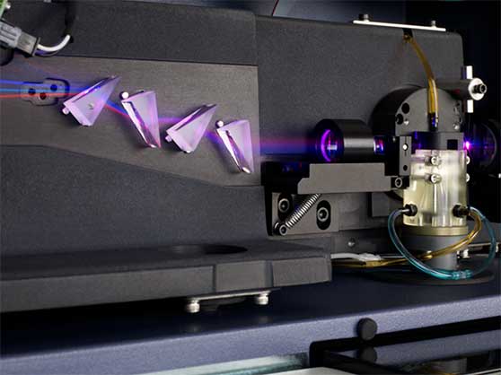 Internal image of equipment with laser passing through prisms.